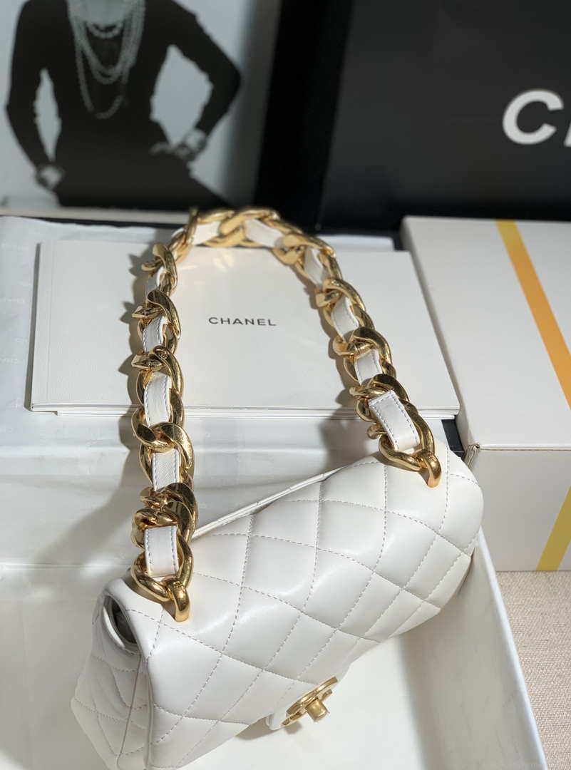 Chanel AS3214 Small Flap Bag Lambskin Gold-Tone Metal White