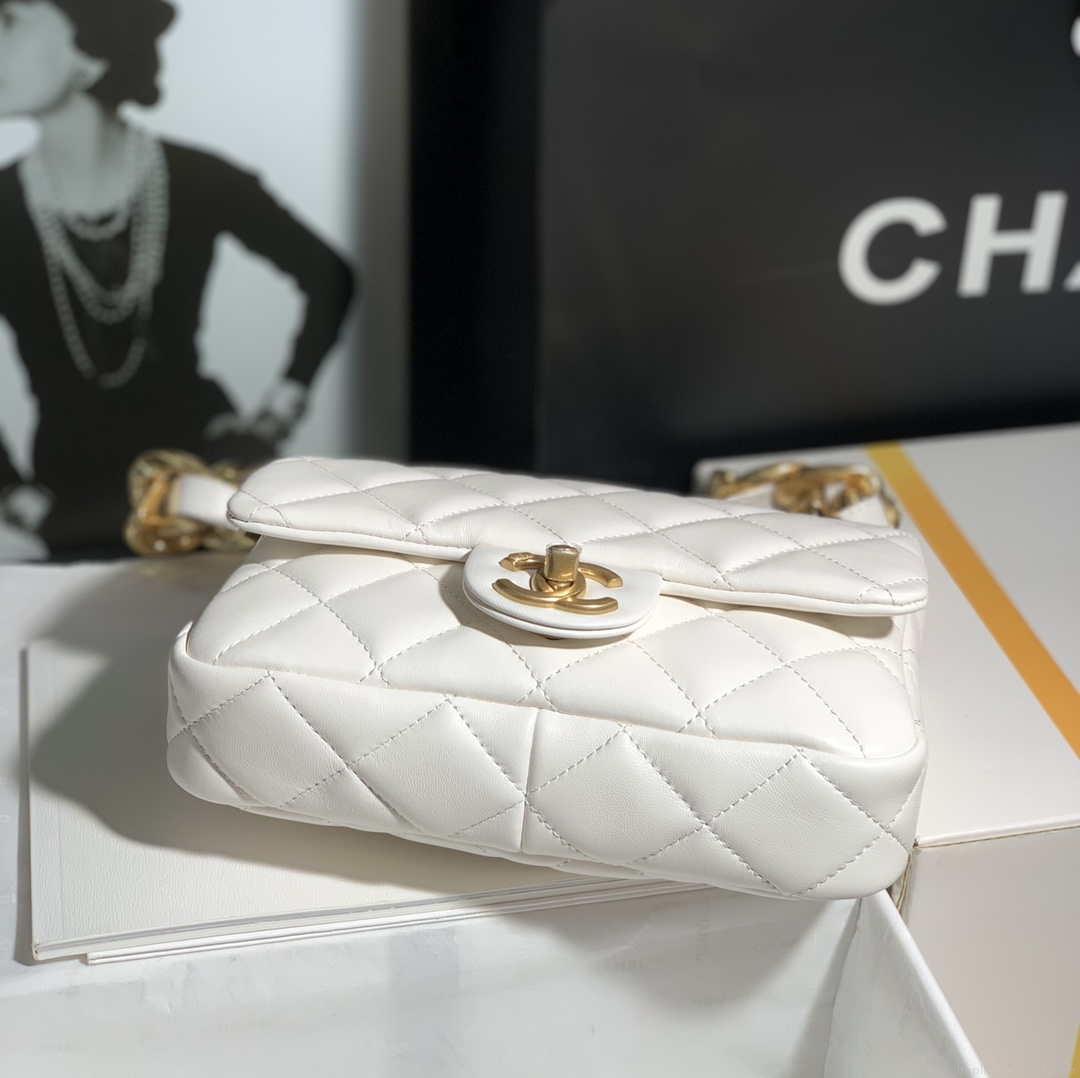 Chanel AS3214 Small Flap Bag Lambskin Gold-Tone Metal White