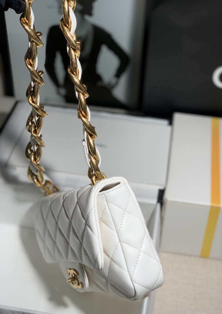 Chanel AS3214 Small Flap Bag Lambskin Gold-Tone Metal White