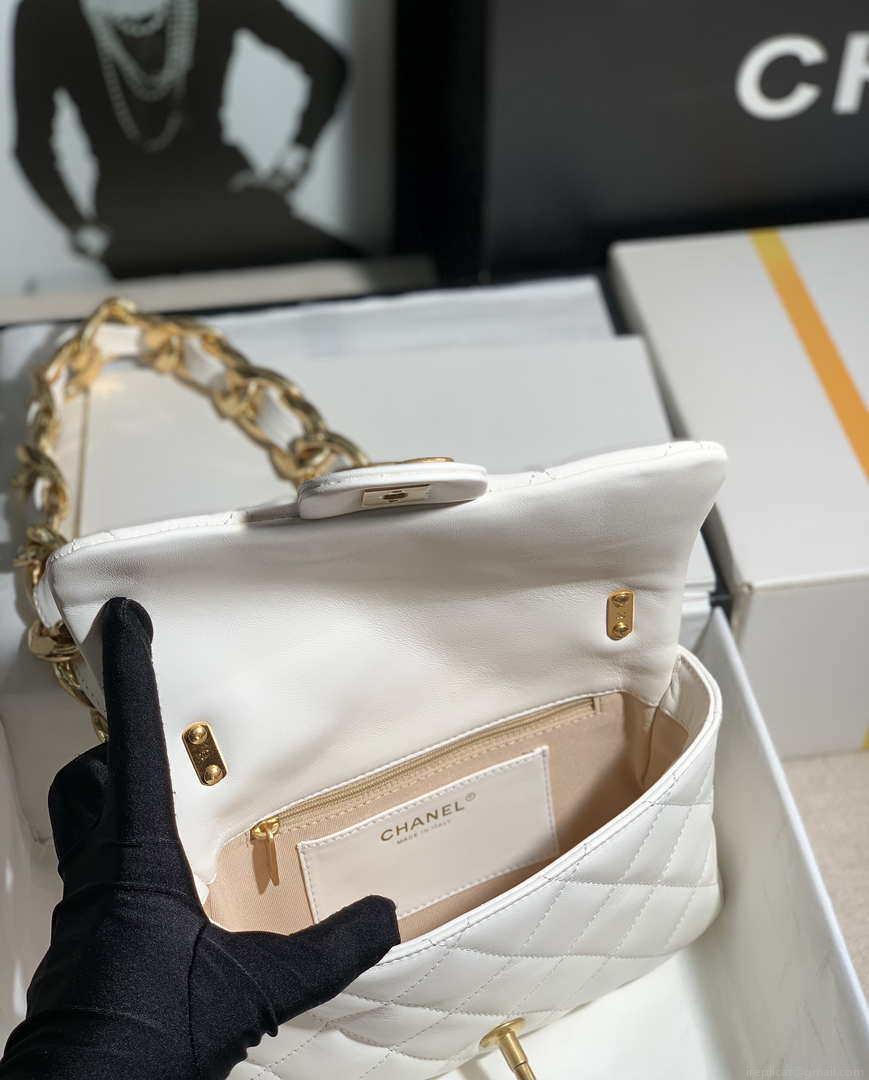 Chanel AS3214 Small Flap Bag Lambskin Gold-Tone Metal White
