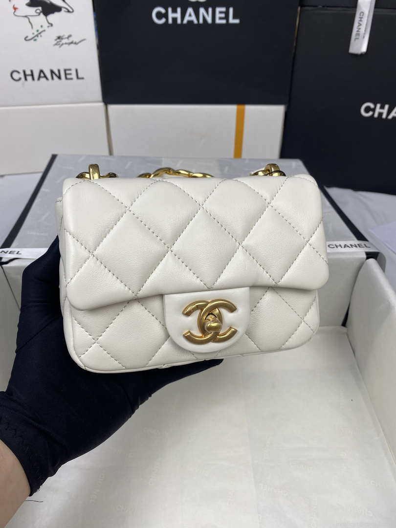Chanel Mini Flap Bag Lambskin Gold-Tone Metal AS3213 White