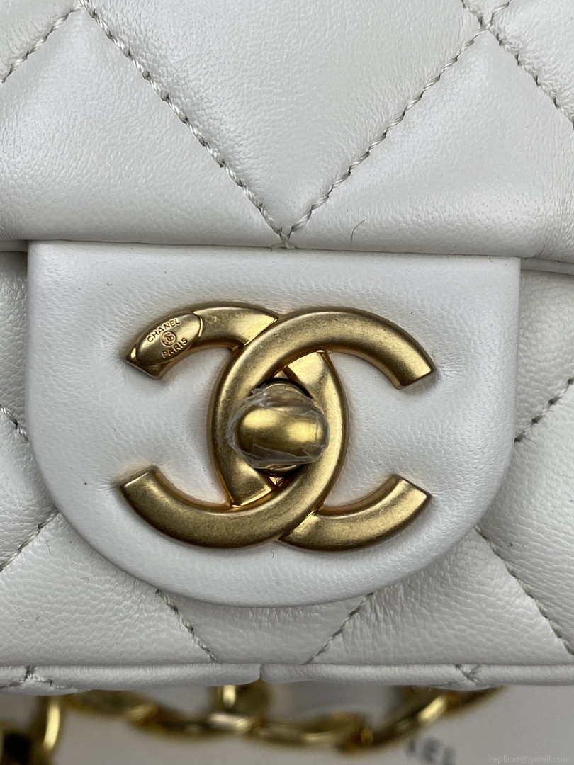 Chanel Mini Flap Bag Lambskin Gold-Tone Metal AS3213 White