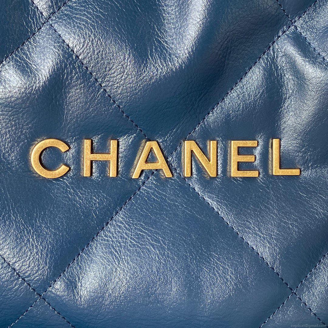 Chanel 22 Handbag AS3261 Shiny Calfskin Gold-Tone Metal Navy Blue