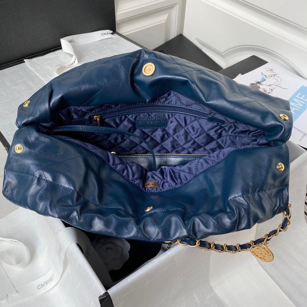 Chanel 22 Handbag AS3261 Shiny Calfskin Gold-Tone Metal Navy Blue