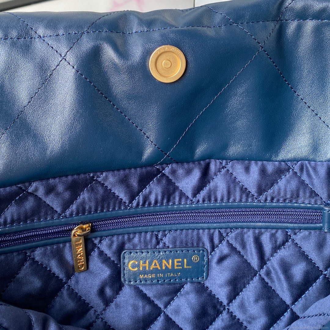 Chanel 22 Handbag AS3261 Shiny Calfskin Gold-Tone Metal Navy Blue