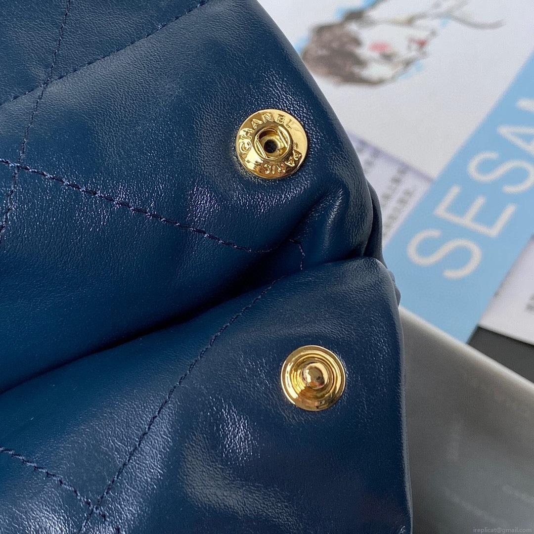 Chanel 22 Handbag AS3261 Shiny Calfskin Gold-Tone Metal Navy Blue