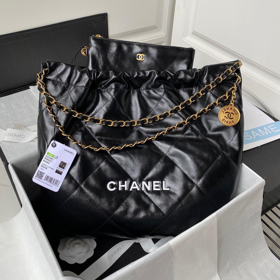 Chanel 22 Handbag AS3261 Shiny Calfskin Gold-Tone Metal Black Logo White