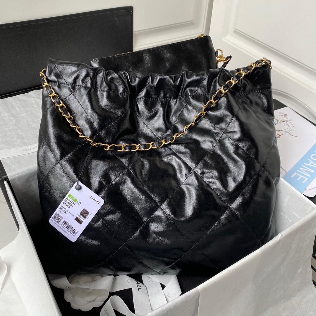 Chanel 22 Handbag AS3261 Shiny Calfskin Gold-Tone Metal Black Logo Gold