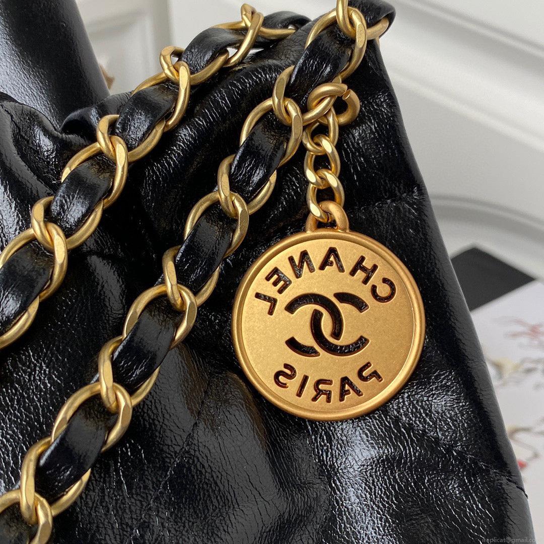 Chanel 22 Handbag AS3261 Shiny Calfskin Gold-Tone Metal Black Logo Gold