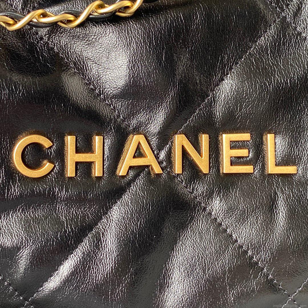 Chanel 22 Handbag AS3261 Shiny Calfskin Gold-Tone Metal Black Logo Gold