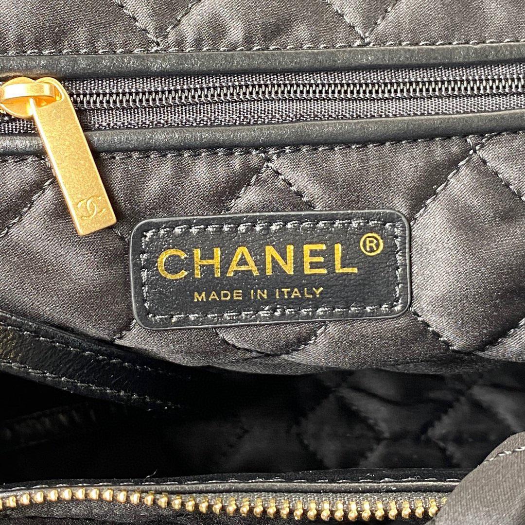 Chanel 22 Handbag AS3261 Shiny Calfskin Gold-Tone Metal Black Logo Gold