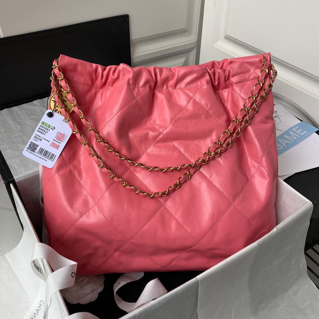 Chanel 22 Handbag AS3261 Shiny Calfskin Gold-Tone Metal Coral Pink