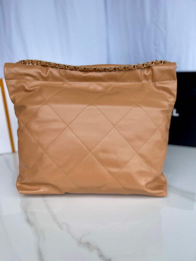 Chanel 22 Handbag AS3261 Shiny Calfskin Gold-Tone Metal Camel