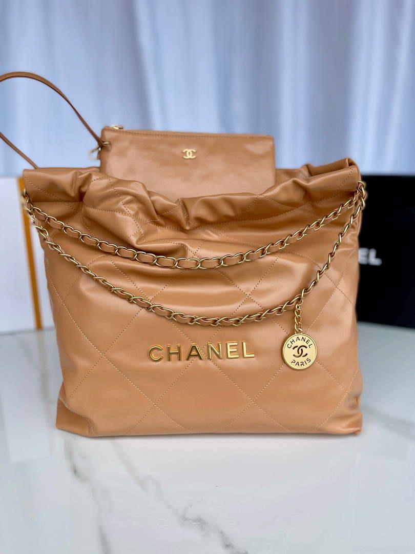 Chanel 22 Handbag AS3261 Shiny Calfskin Gold-Tone Metal Camel