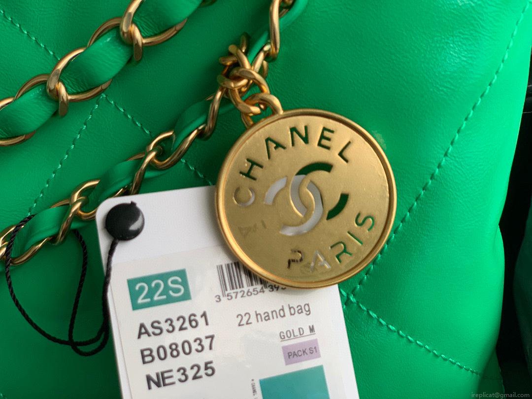 Chanel 22 Handbag AS3261 Shiny Calfskin Gold-Tone Metal Green