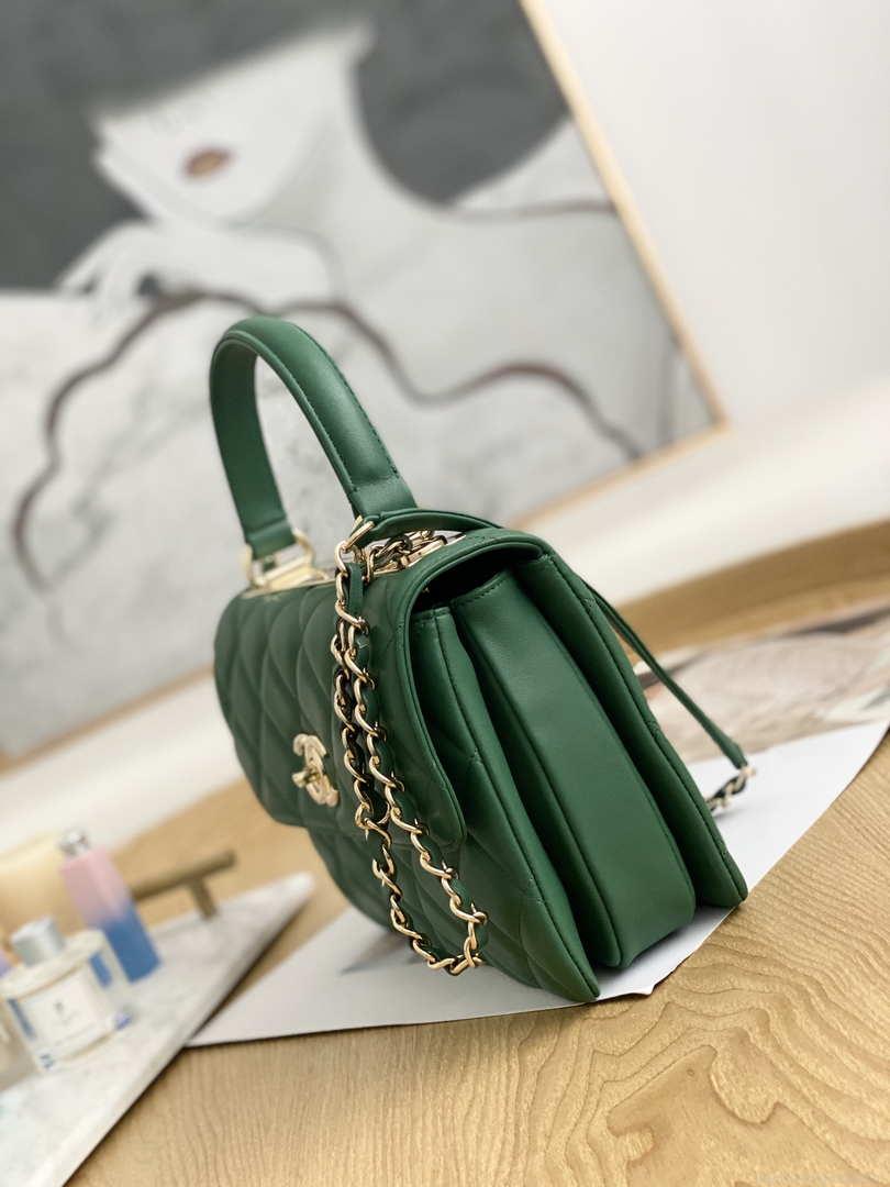 Chanel Small Trendy CC Flap Bag With Top Handle Lambskin bag A92236 Green Gold