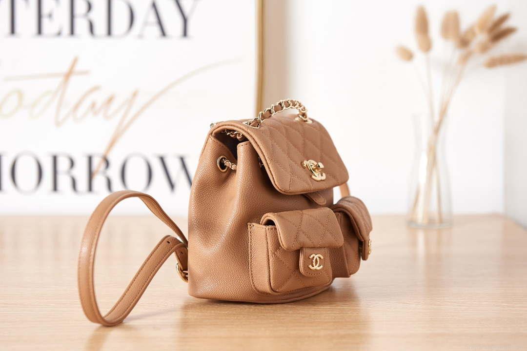 Chanel AS3787 Small Backpack Grained Shiny Calfskin & Gold-Tone Metal Brown