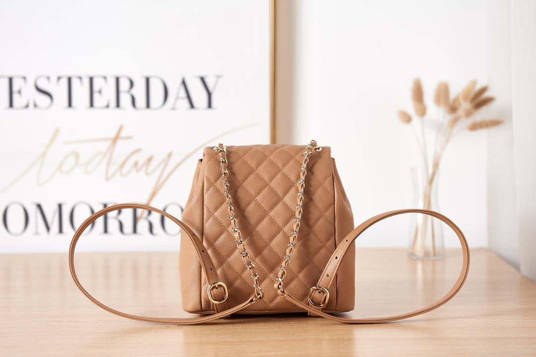Chanel AS3860 Backpack Grained Shiny Calfskin & Gold-Tone Metal Brown
