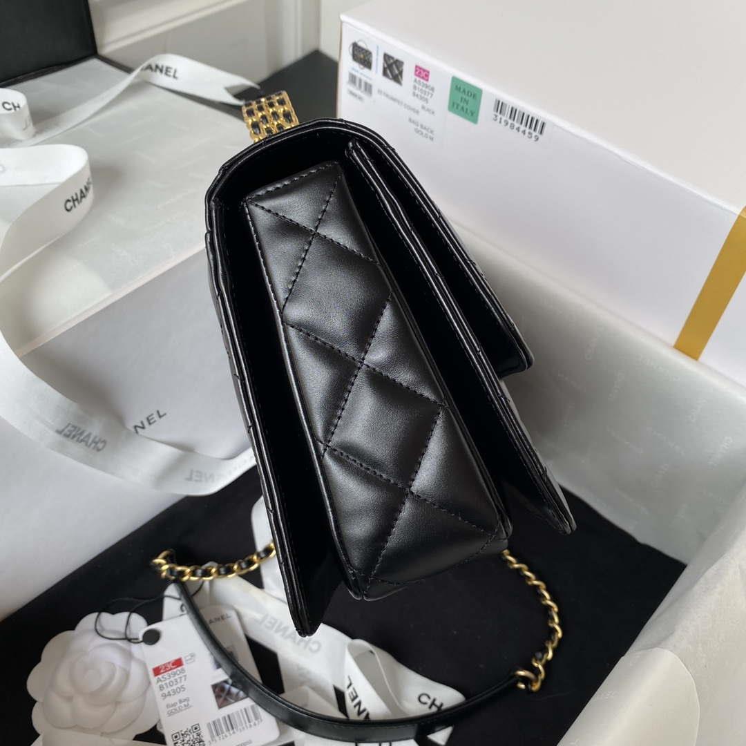 Chanel AS3908 CC Small Flap Bag With Top Handle Shiny Calfskin Black Gold