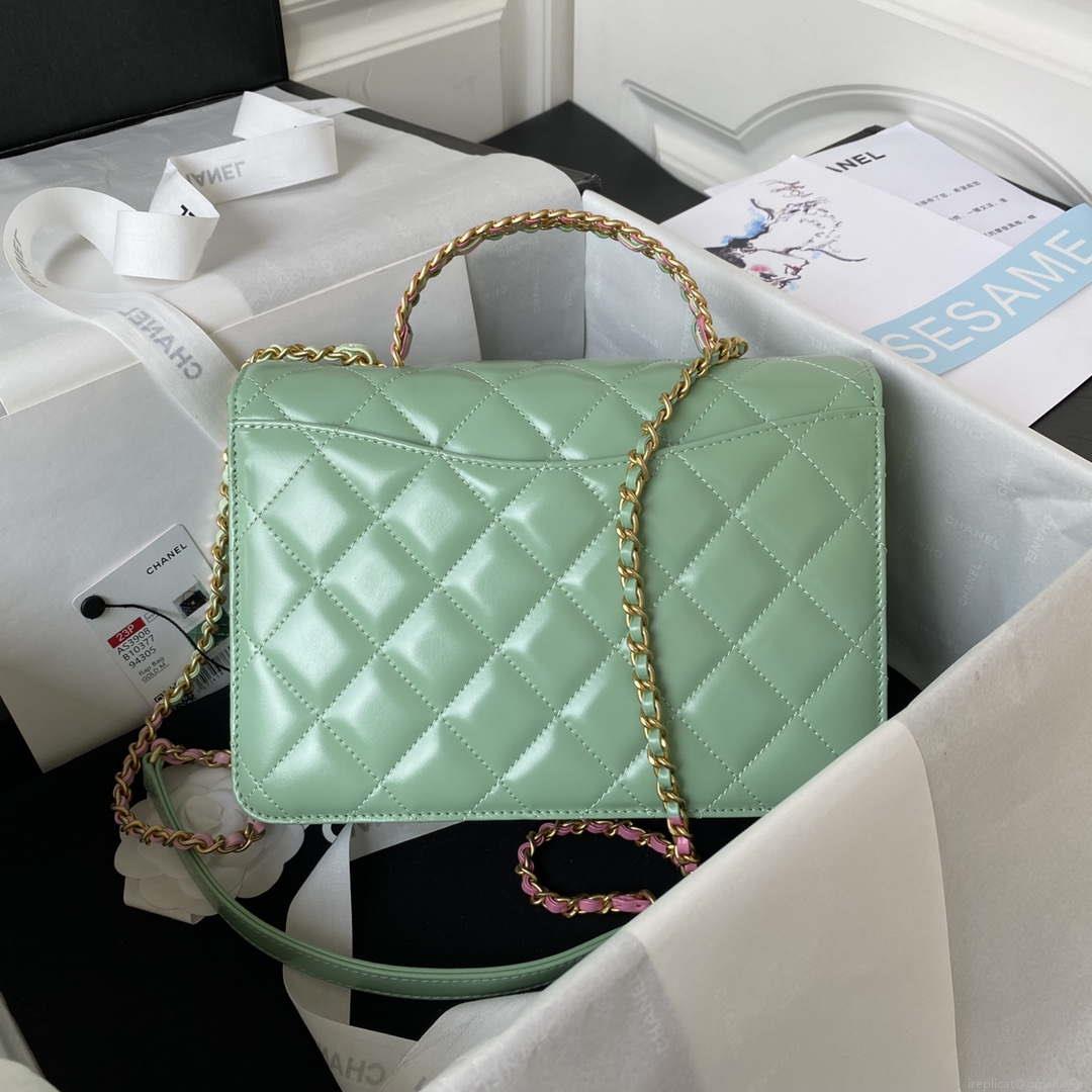 Chanel AS3908 CC Small Flap Bag With Top Handle Shiny Calfskin Green Gold