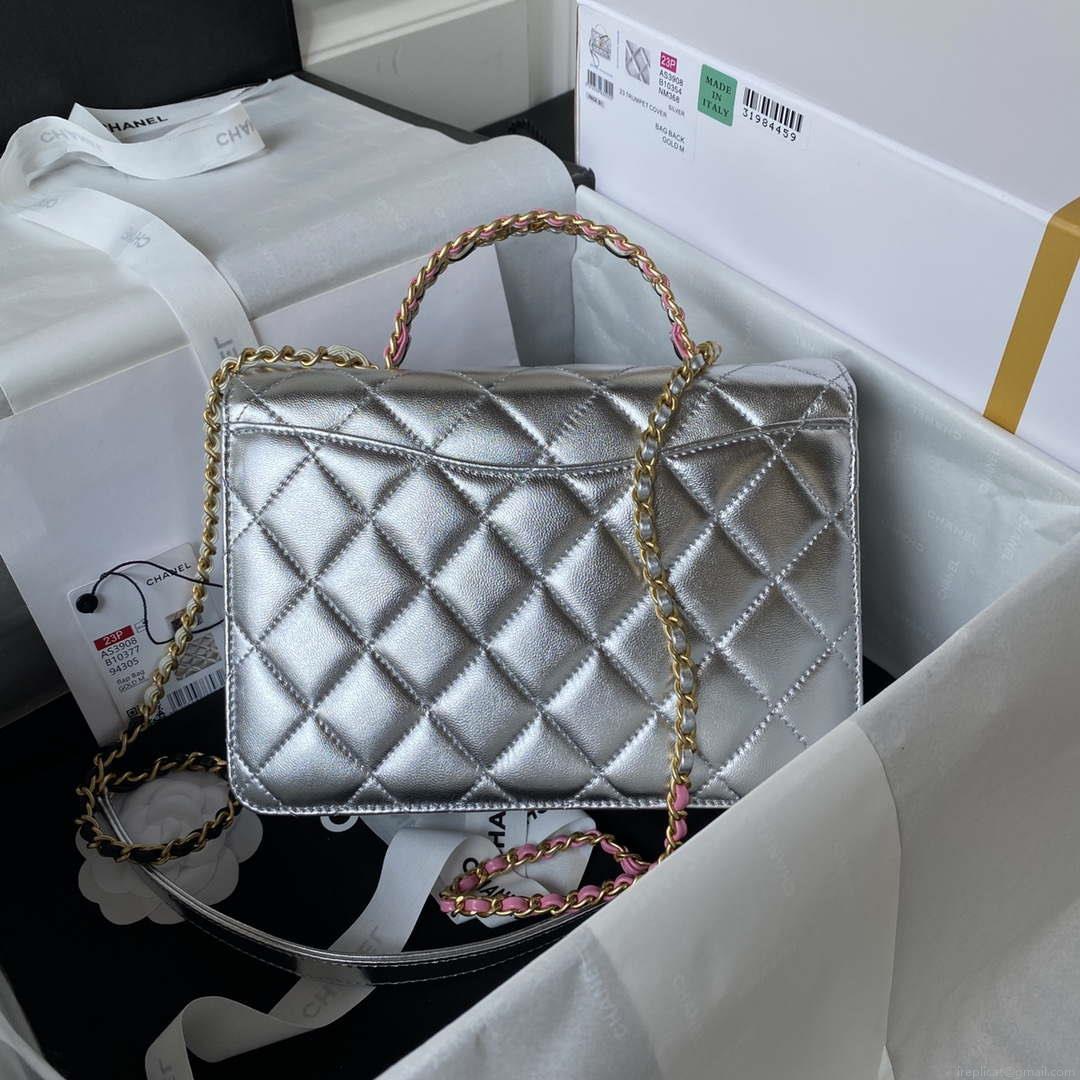 Chanel AS3908 CC Small Flap Bag With Top Handle Shiny Silver Calfskin Gold