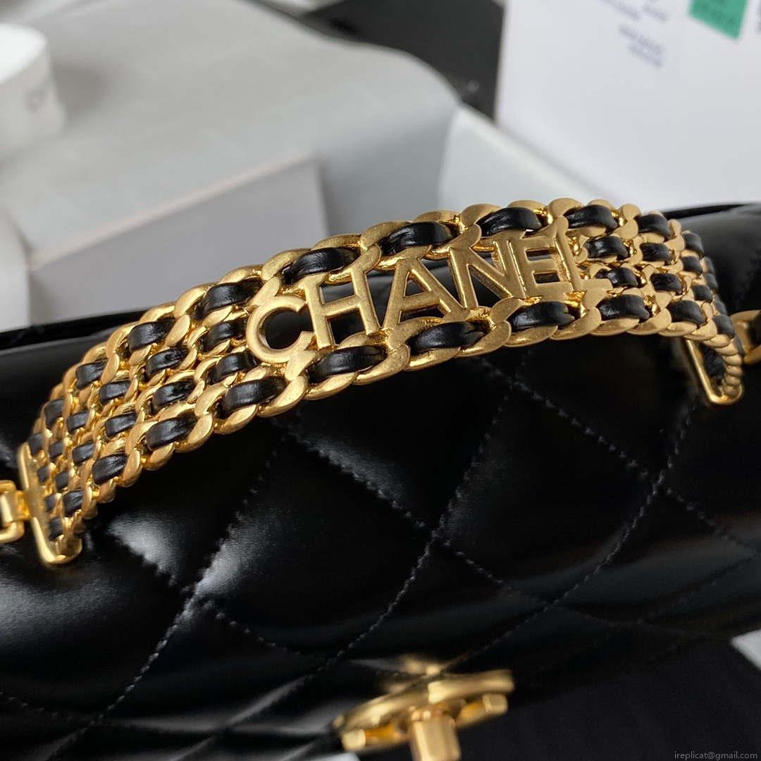Chanel AS3886 Mini Flap Bag With Top Handle Shiny Calfskin Black Gold