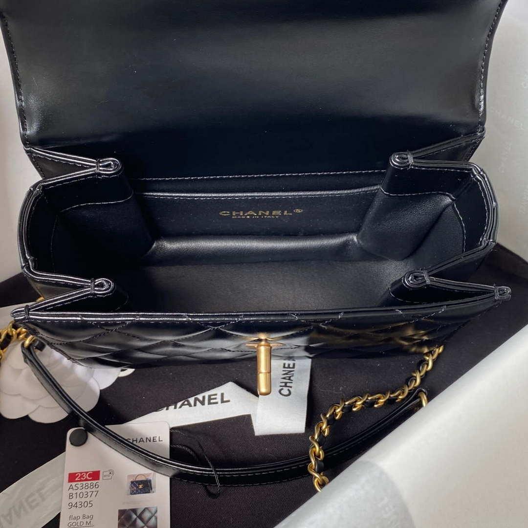 Chanel AS3886 Mini Flap Bag With Top Handle Shiny Calfskin Black Gold