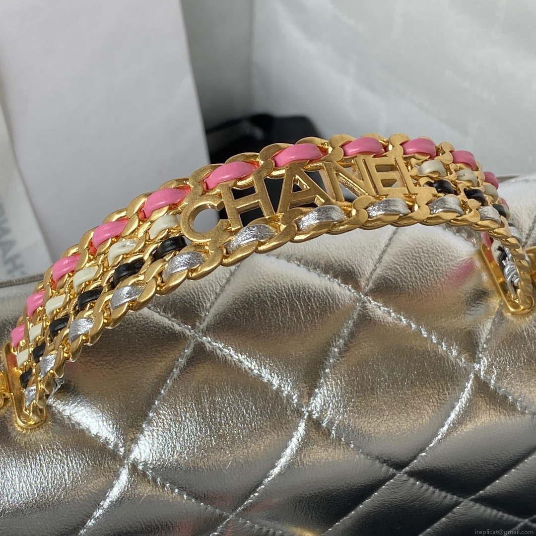 Chanel AS3886 Mini Flap Bag With Top Handle Shiny Silver Calfskin Gold
