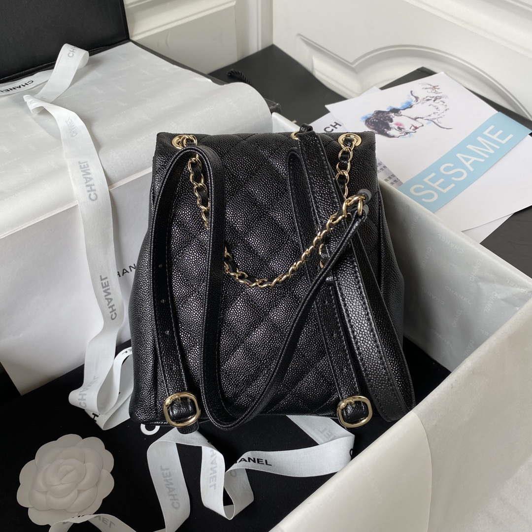 Chanel AS3860 Backpack Grained Shiny Calfskin & Gold-Tone Metal Black