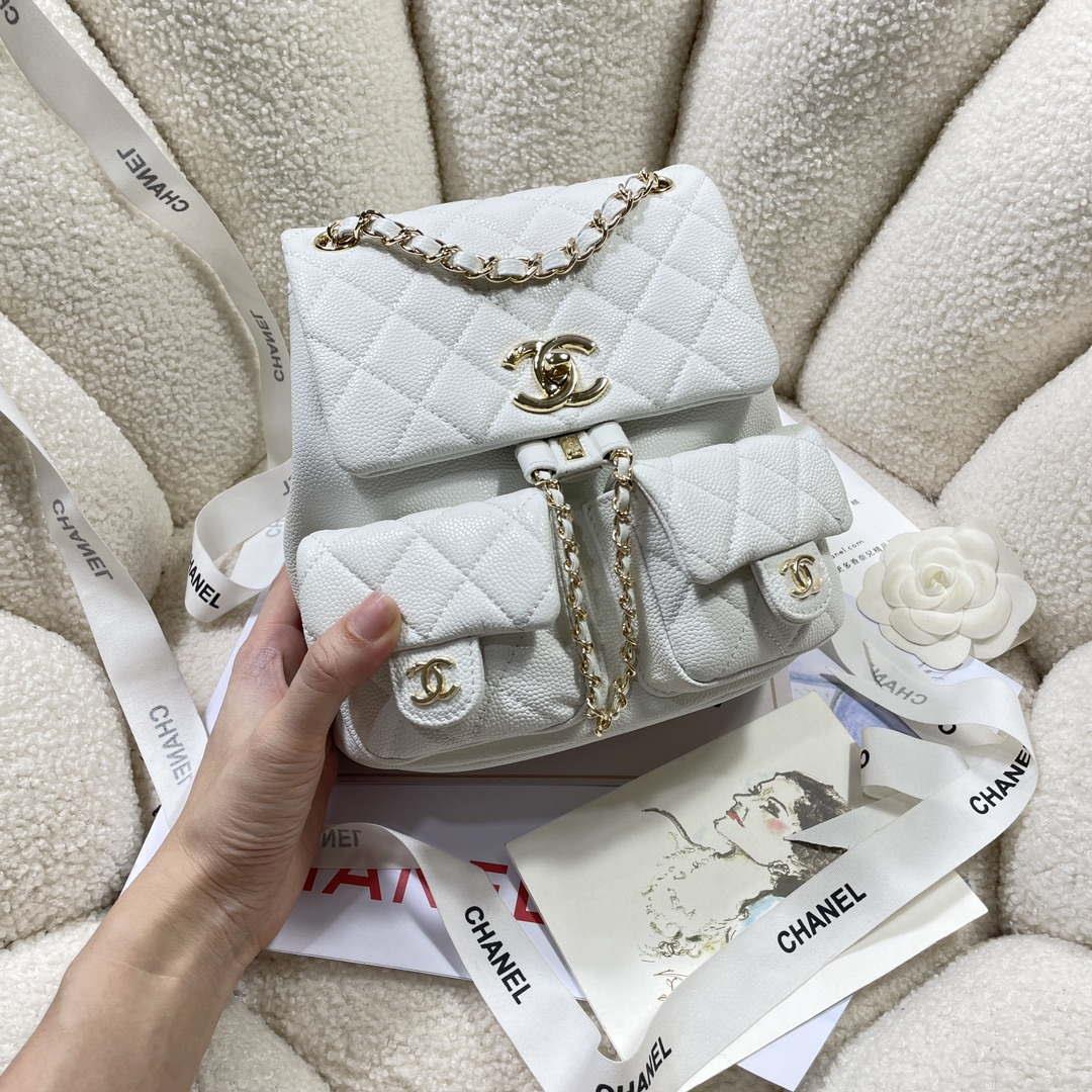 Chanel AS3860 Backpack Grained Shiny Calfskin & Gold-Tone Metal White