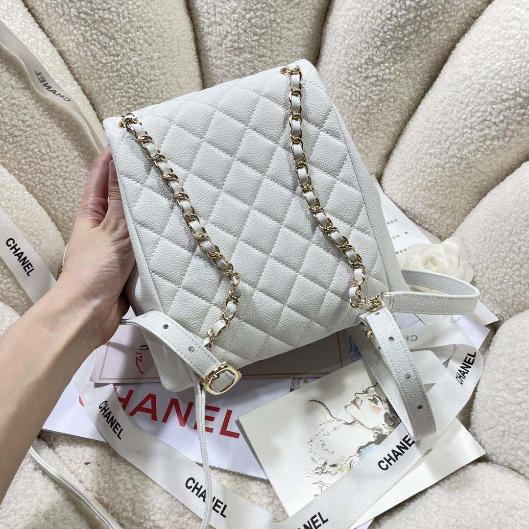 Chanel AS3860 Backpack Grained Shiny Calfskin & Gold-Tone Metal White