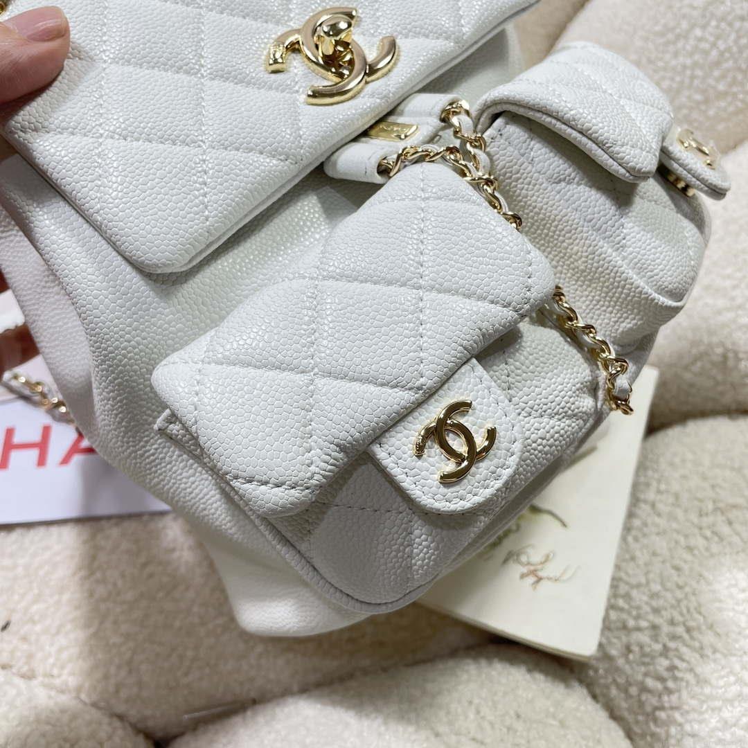 Chanel AS3860 Backpack Grained Shiny Calfskin & Gold-Tone Metal White