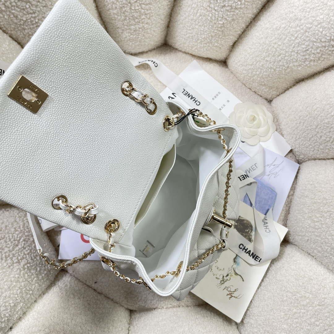 Chanel AS3860 Backpack Grained Shiny Calfskin & Gold-Tone Metal White