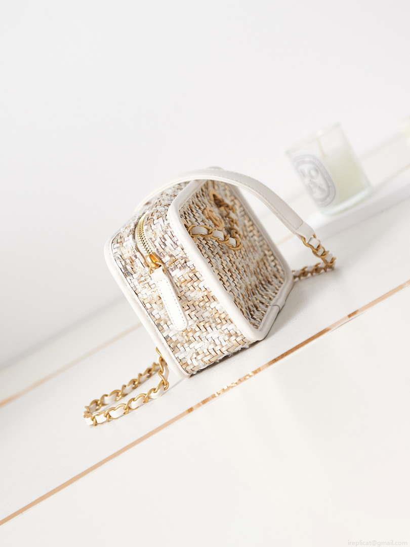 Chanel AS3768 Small Camera Case Lambskin Viscose Weaving White Gold & Beige