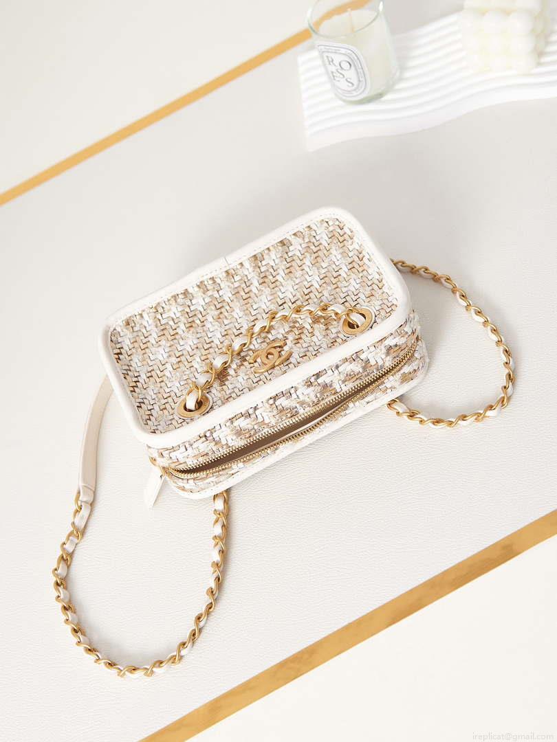 Chanel AS3768 Small Camera Case Lambskin Viscose Weaving White Gold & Beige