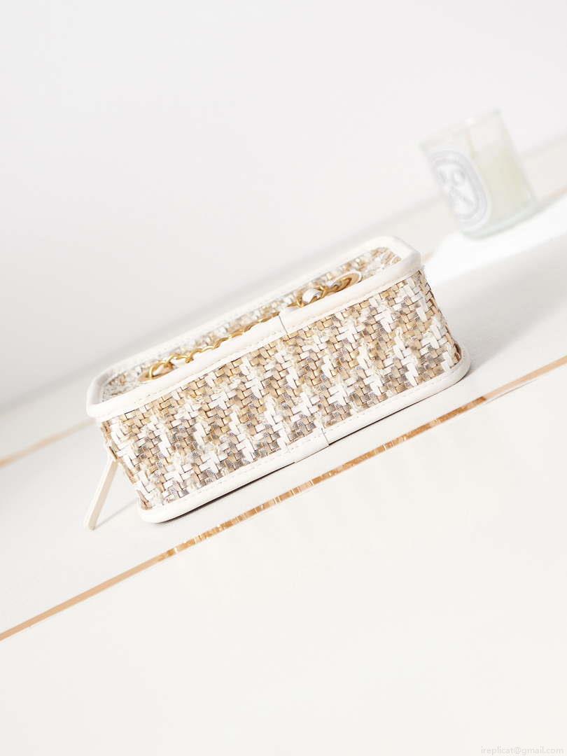 Chanel AS3768 Small Camera Case Lambskin Viscose Weaving White Gold & Beige