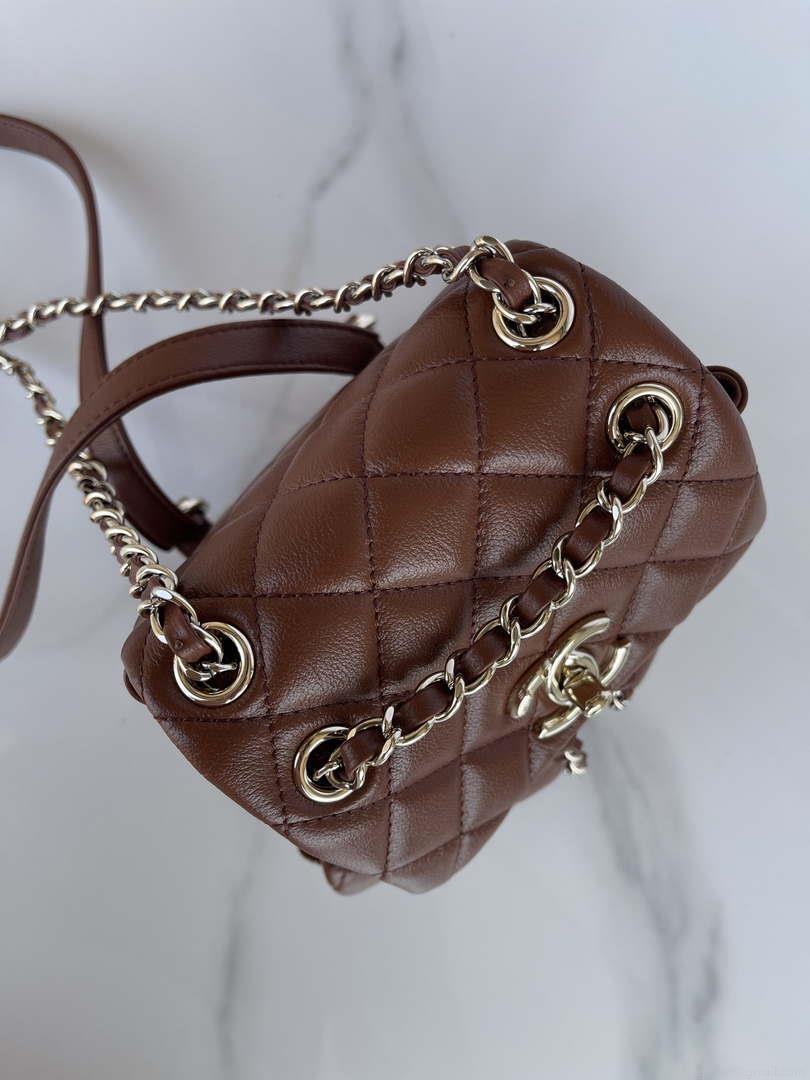Chanel AS3860 Backpack Shiny Lambskin Gold Brown