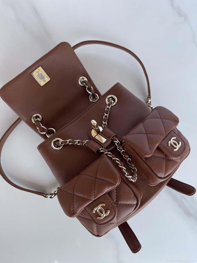 Chanel AS3860 Backpack Shiny Lambskin Gold Brown
