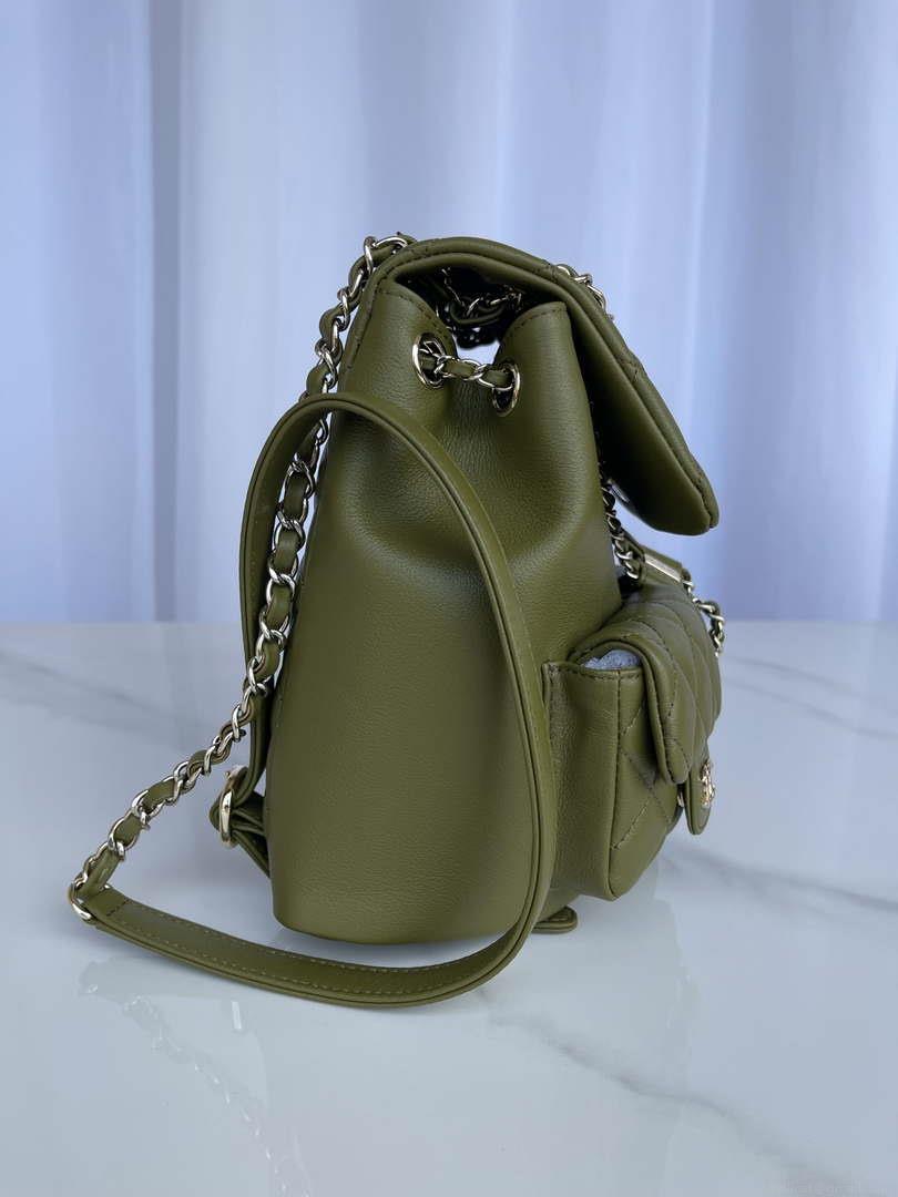 Chanel AS3860 Backpack Shiny Lambskin Gold Dark Green