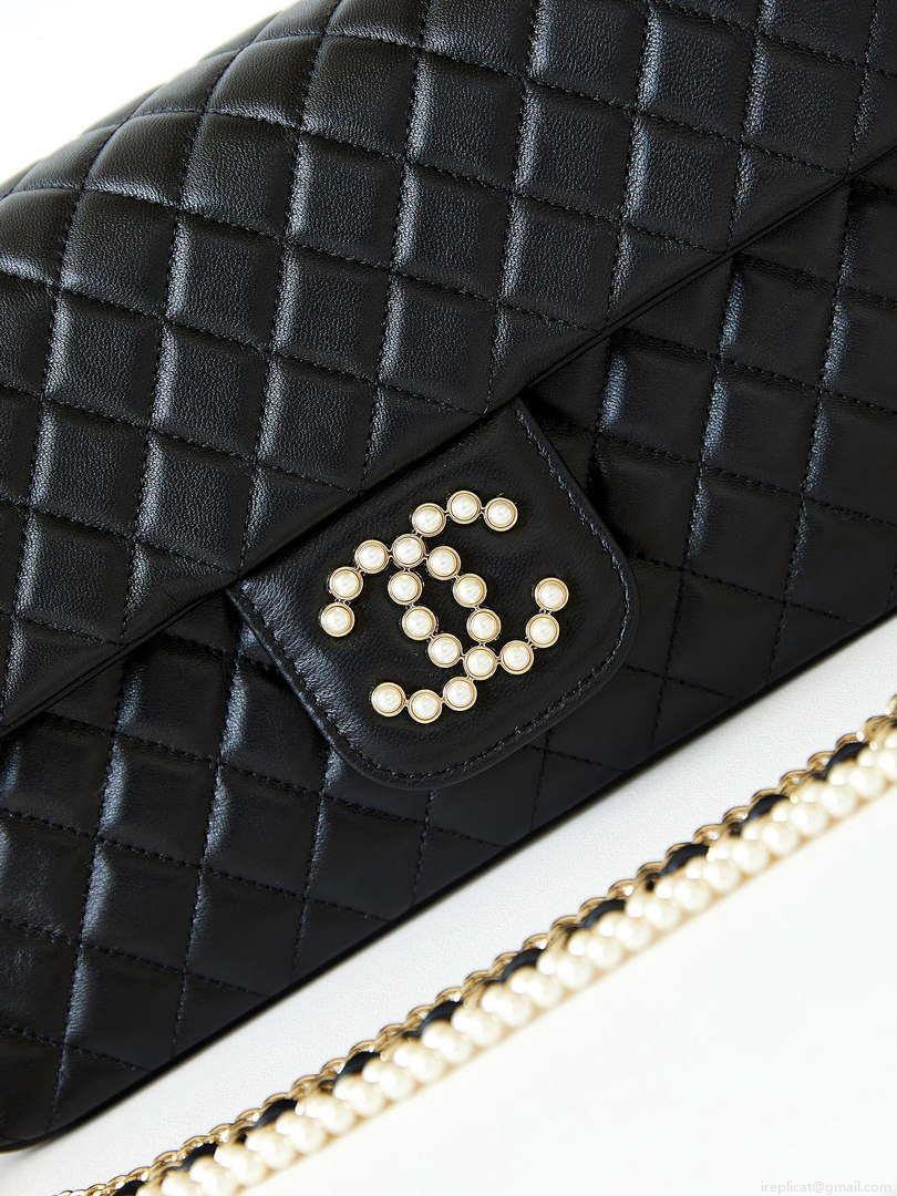Chanel AS4245 Flap Bag Lambskin With Pearl & Metal Chain Black