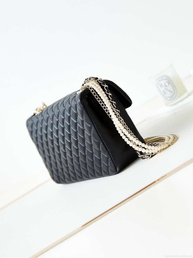 Chanel AS4245 Flap Bag Lambskin With Pearl & Metal Chain Black