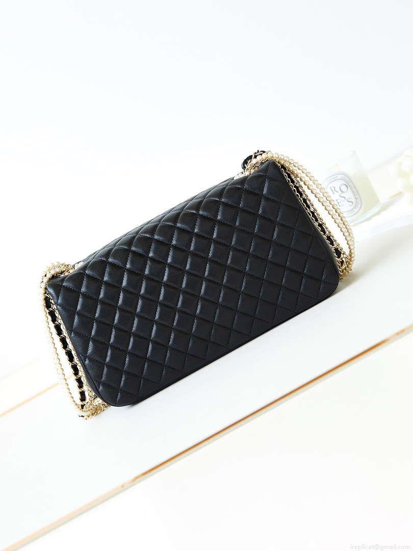 Chanel AS4245 Flap Bag Lambskin With Pearl & Metal Chain Black