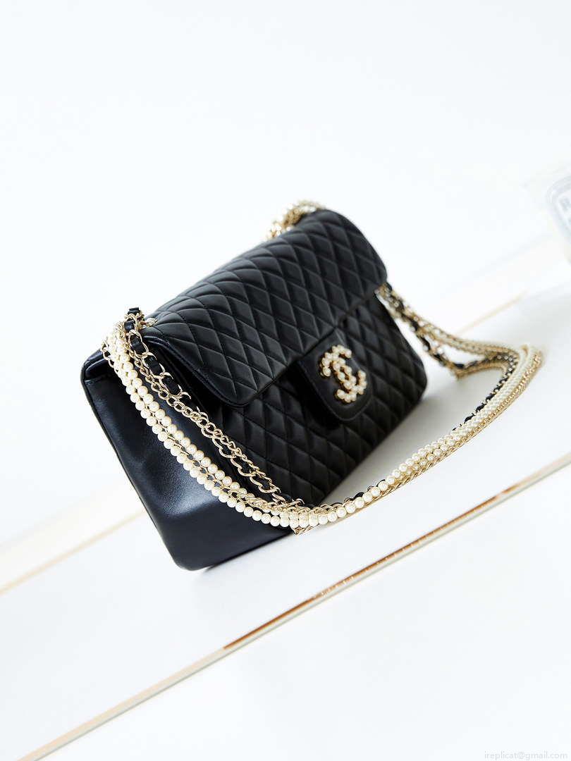 Chanel AS4245 Flap Bag Lambskin With Pearl & Metal Chain Black
