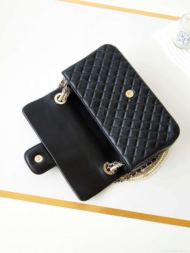 Chanel AS4245 Flap Bag Lambskin With Pearl & Metal Chain Black