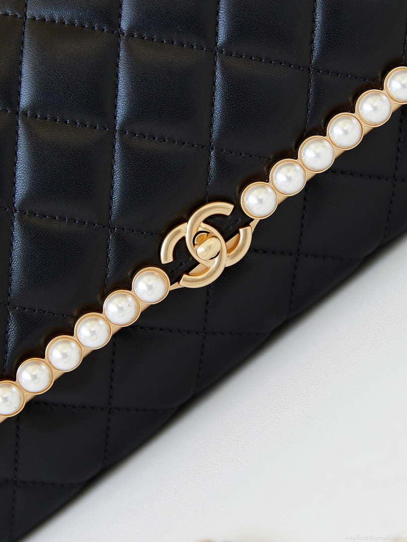 Chanel 23K AS4452 Flap Bag Lambskin With Pearl & Metal Chain Black