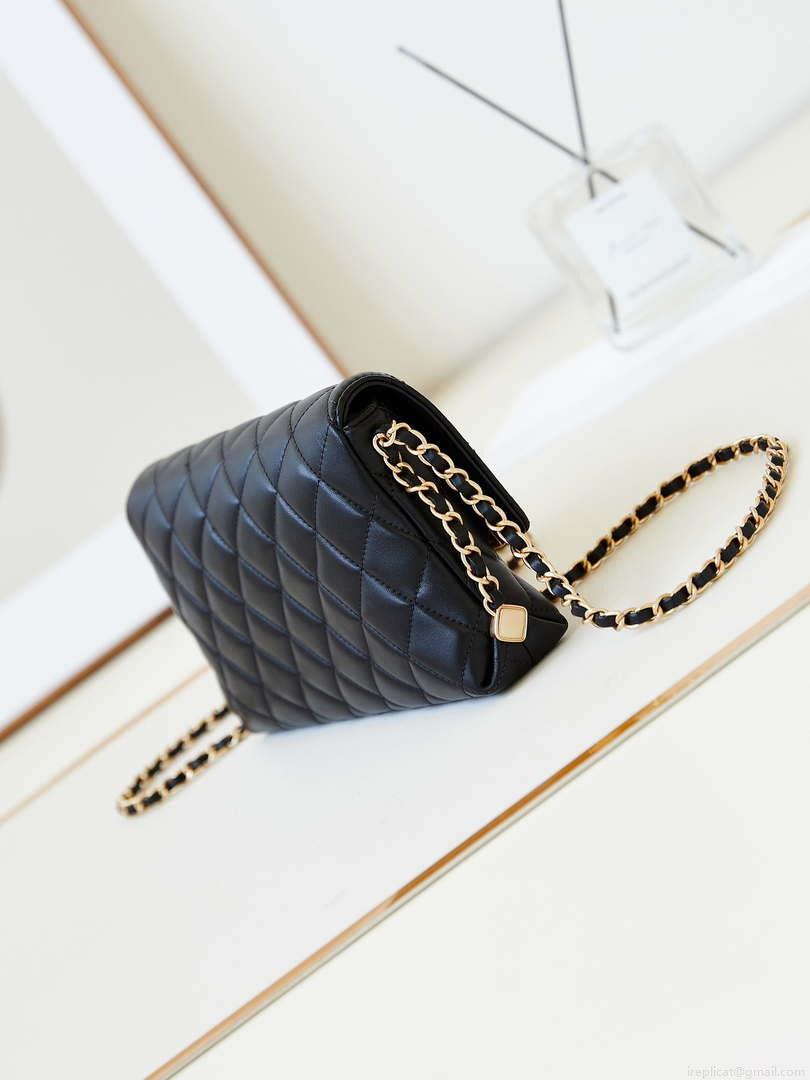 Chanel 23K AS4452 Flap Bag Lambskin With Pearl & Metal Chain Black