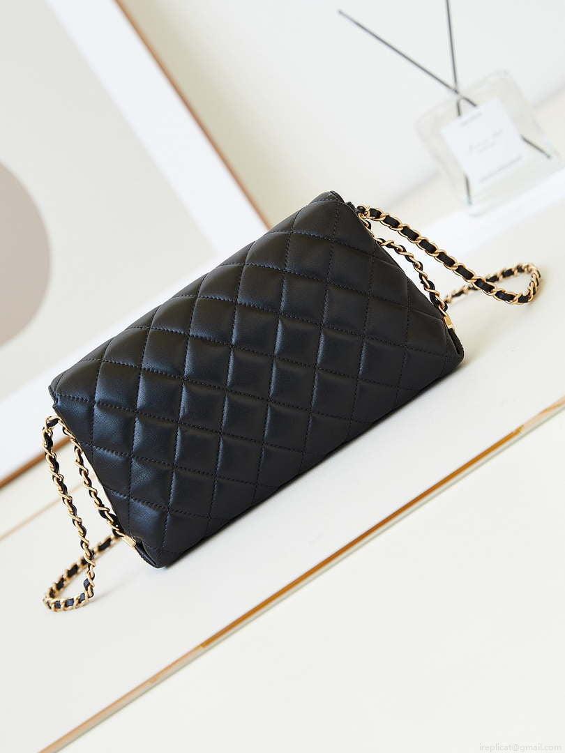 Chanel 23K AS4452 Flap Bag Lambskin With Pearl & Metal Chain Black