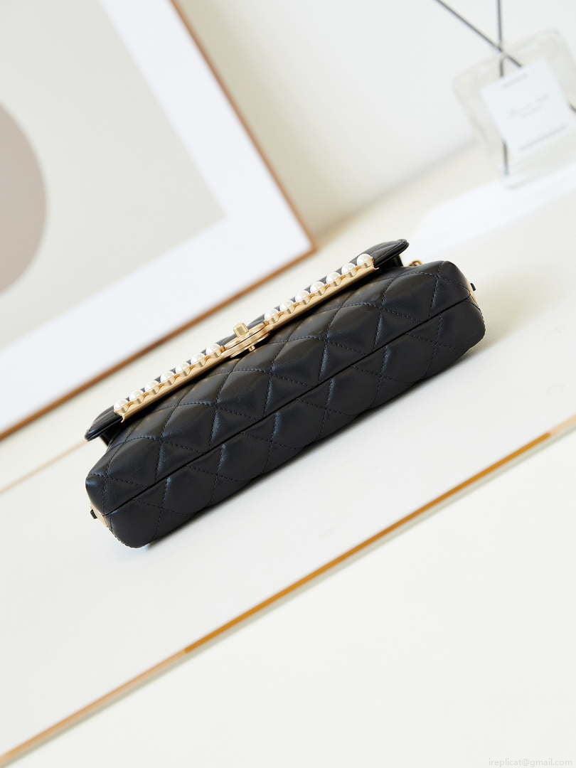Chanel 23K AS4452 Flap Bag Lambskin With Pearl & Metal Chain Black