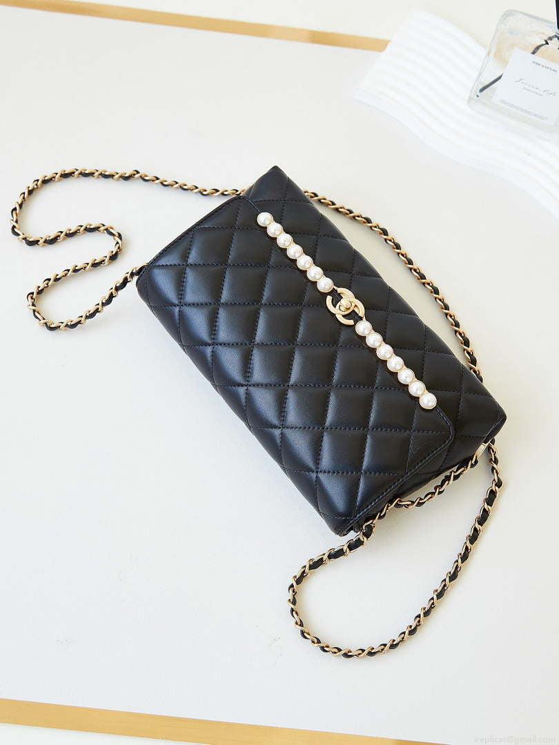 Chanel 23K AS4452 Flap Bag Lambskin With Pearl & Metal Chain Black