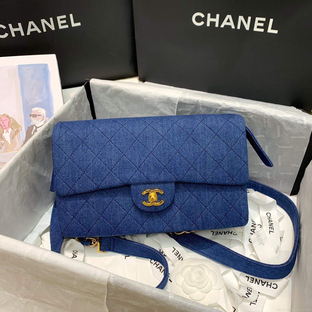 Chanel Medium Tweeds Fabrics leather backpack with Blue